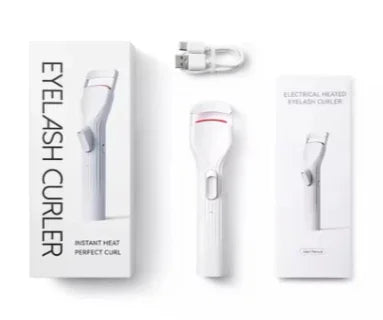 Contenido del empaque de encrespador de pestañas eléctrico - Kit completo que incluye rizador portátil recargable, cable USB y accesorios.