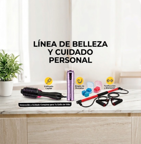 Imagen de colección Línea de Belleza y Cuidado Personal - Banner publicitario con cepillo secador, encrespador eléctrico de pestañas y ejercitador de resistencia multifuncional.