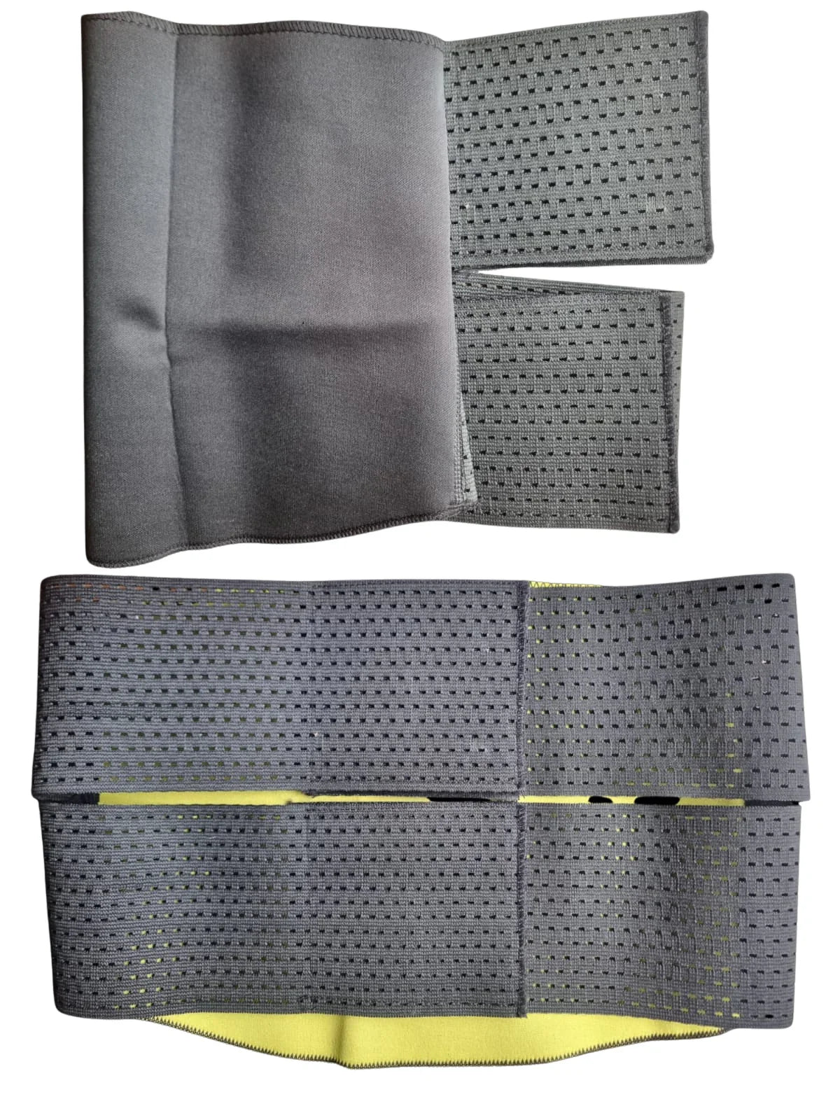 Faja térmica de neopreno gris con forro amarillo y cierre ajustable, ideal para moldear la silueta.