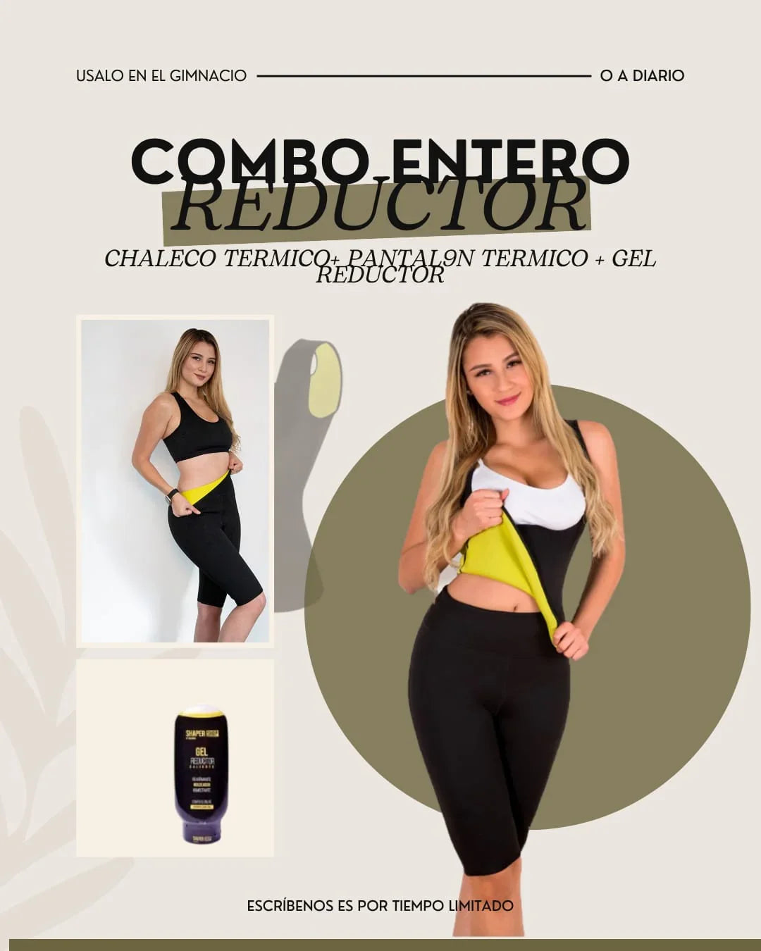 Combo Entero Reductor Sutil Fajas - Kit de chaleco térmico cerrado, pantalón tipo pescador para sudoración y Gel Reductor caliente.
