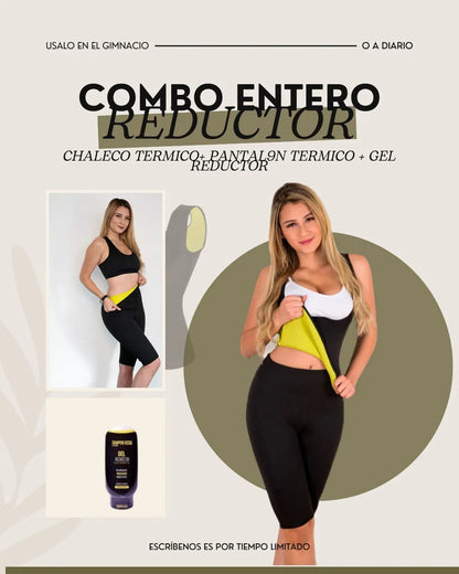 Combo Entero Reductor Sutil Fajas - Kit de chaleco térmico cerrado, pantalón tipo pescador para sudoración y Gel Reductor caliente.