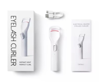 Contenido del empaque de encrespador de pestañas eléctrico - Kit completo que incluye rizador portátil recargable, cable USB y accesorios.