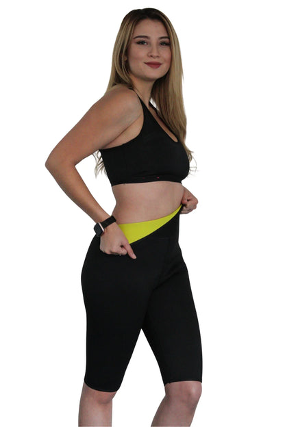 Faja térmica de neopreno negra con detalle amarillo, moldea la silueta y define la cintura