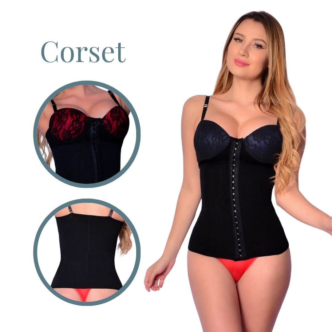Corset modelador Sutil Fajas elaborado en Powernet color negro con copas de encaje en azul o rojo